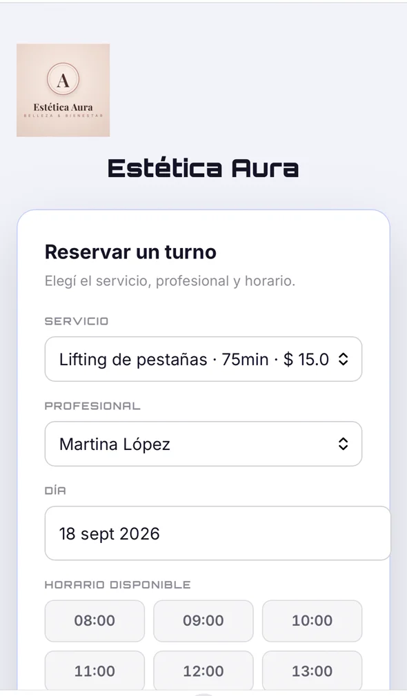 Reserva pública de Estética Aura en el celular: servicio, profesional, fecha y horarios libres