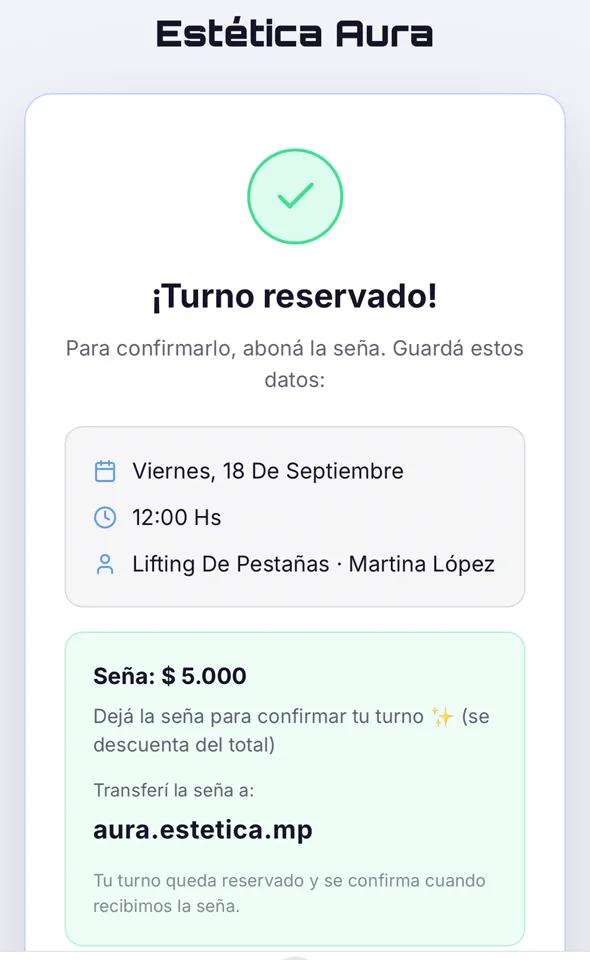 Turno reservado: seña de $ 5.000, alias aura.estetica.mp, se descuenta del total